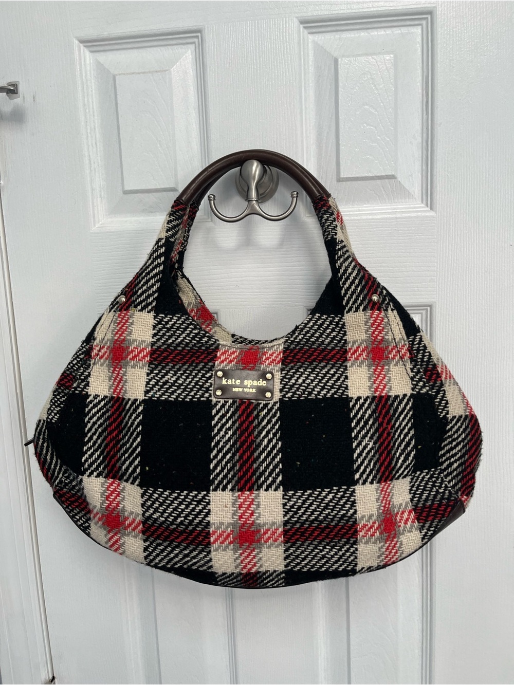 Kate Spade NY Storybook Lining Ruby Park Shon Hobo Bag Plaid Wool Red